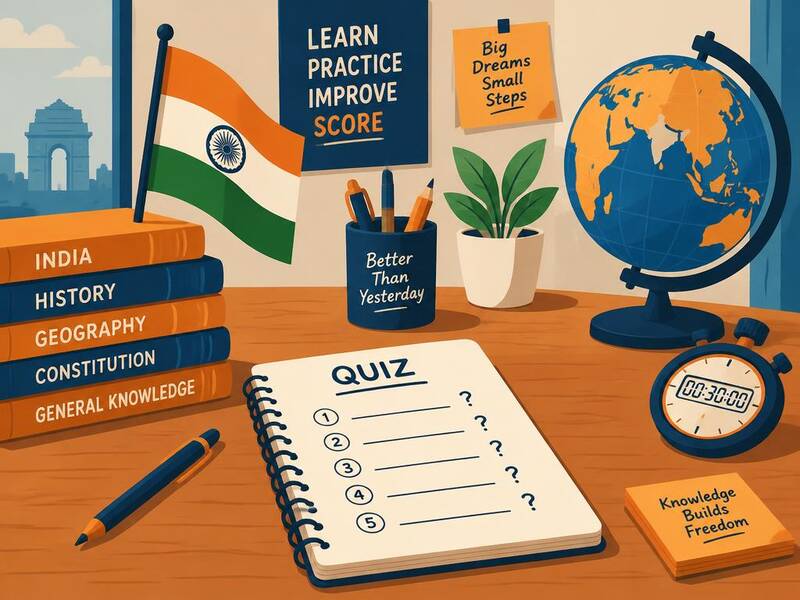 Study desk with Indian flag, globe and GK quiz notebook
